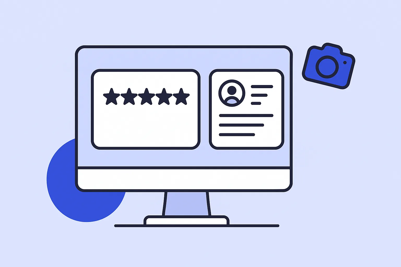 A flat illustration of a monitor showing a five-star review card